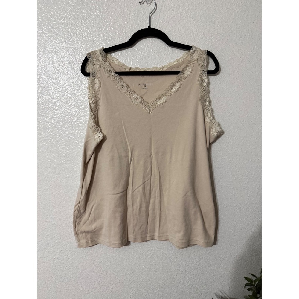 Karen Scott Womens 1X Beige Cotton Lace Trim V-Neck Sleeveless Tank Top